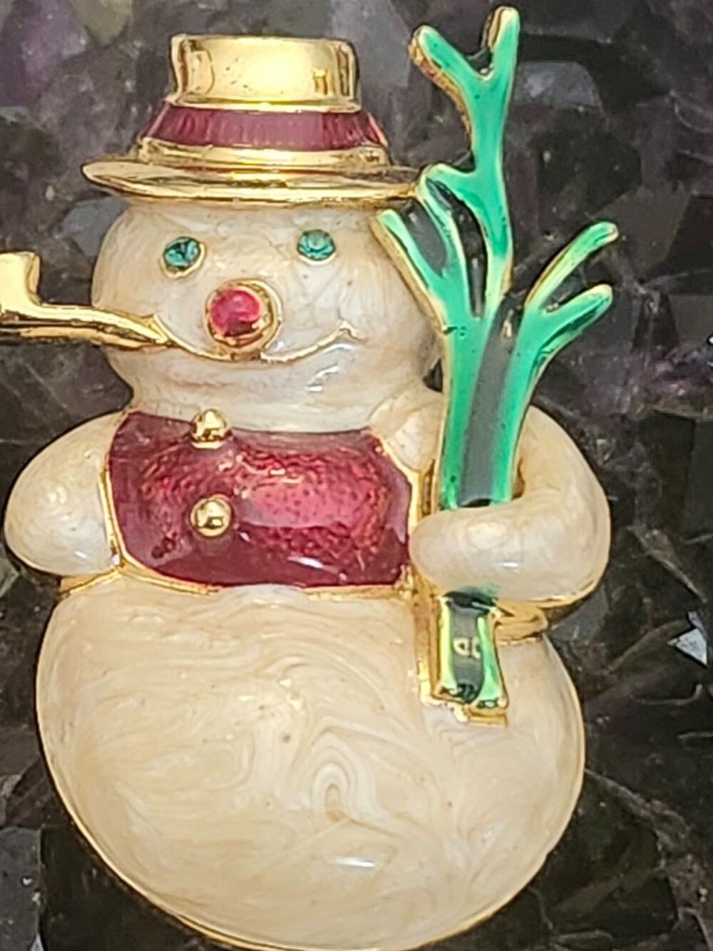 Snowman Christmas Brooch Gold Tone Enamel Winter Holiday Pin